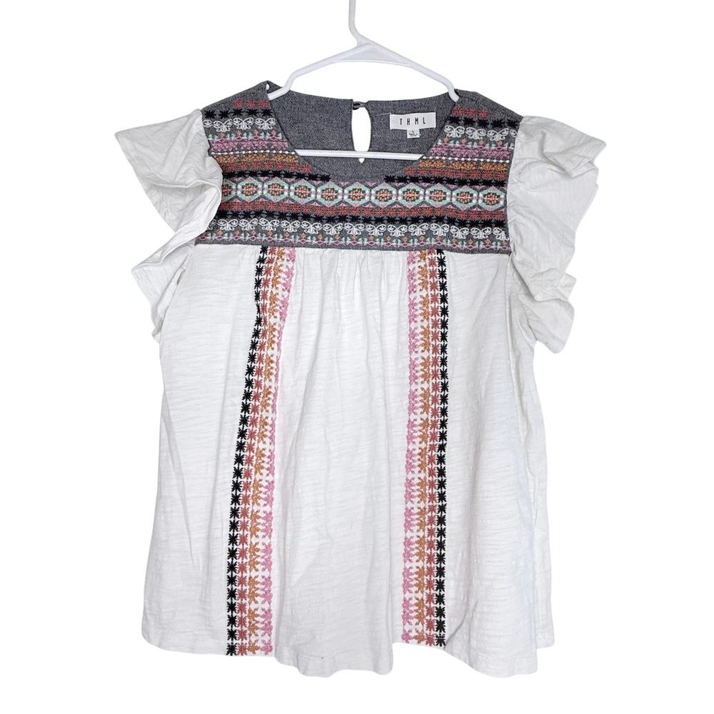THML Anthropologie Embroidered Ruffle Sleeve Bib Top Large White Boho Cotton